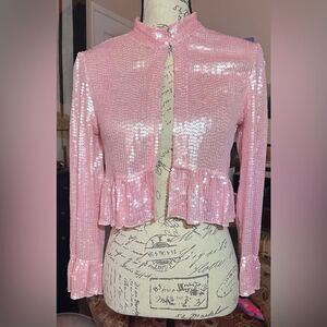 GENERRA SZ 6, Long Sleeved Pink Sequin Cropped Jacket with Neck Closure